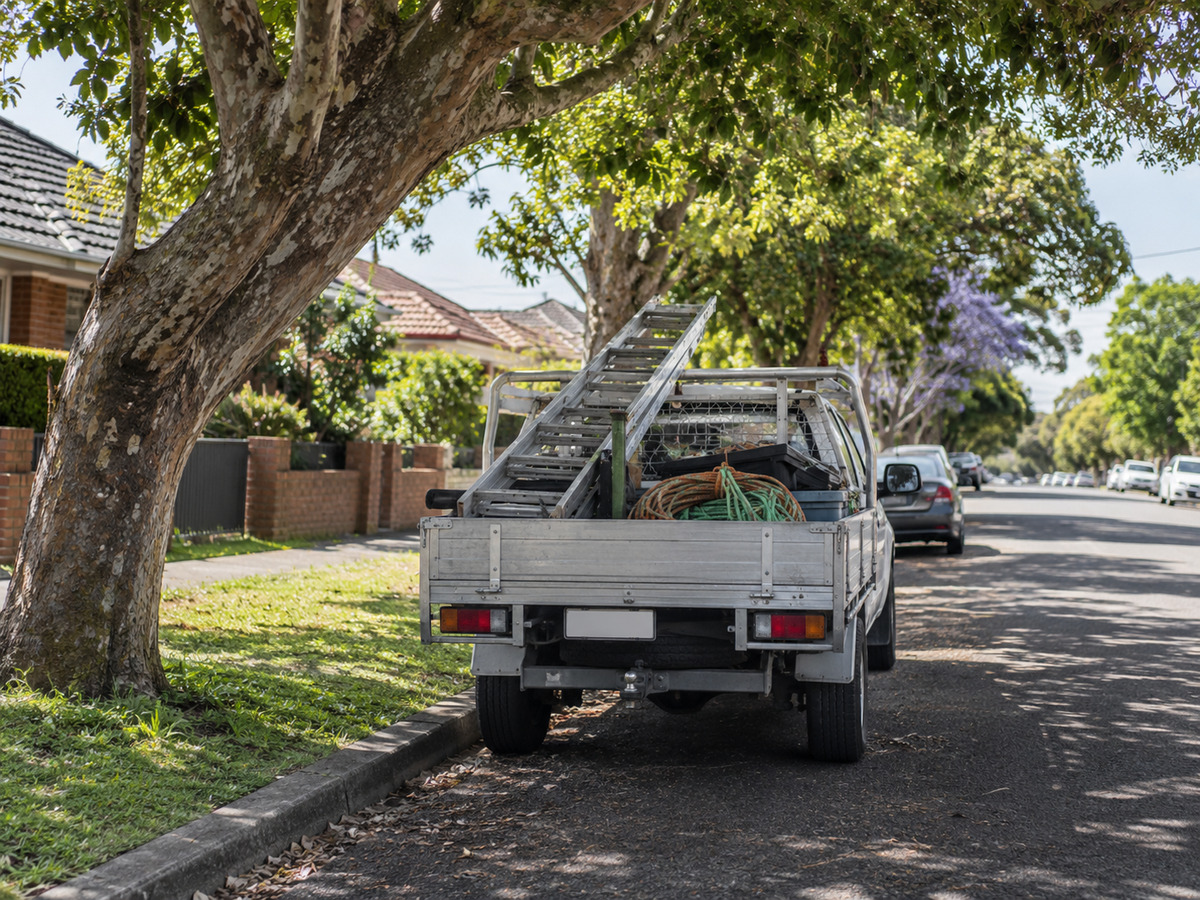 Arborist work ute with ladder and rigging ropes parked beneath a mature street tree