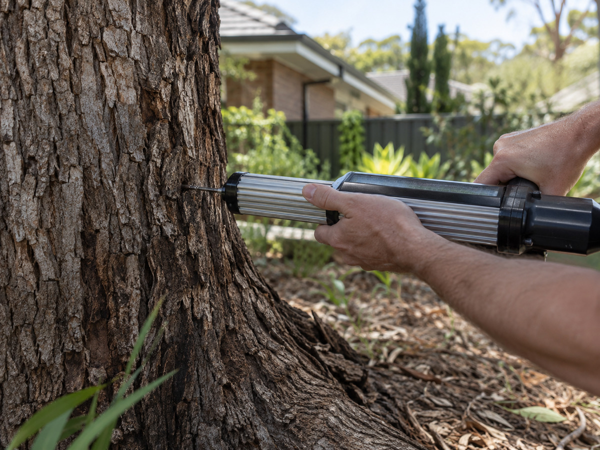 Resistance drill being used against the base of a mature tree trunk