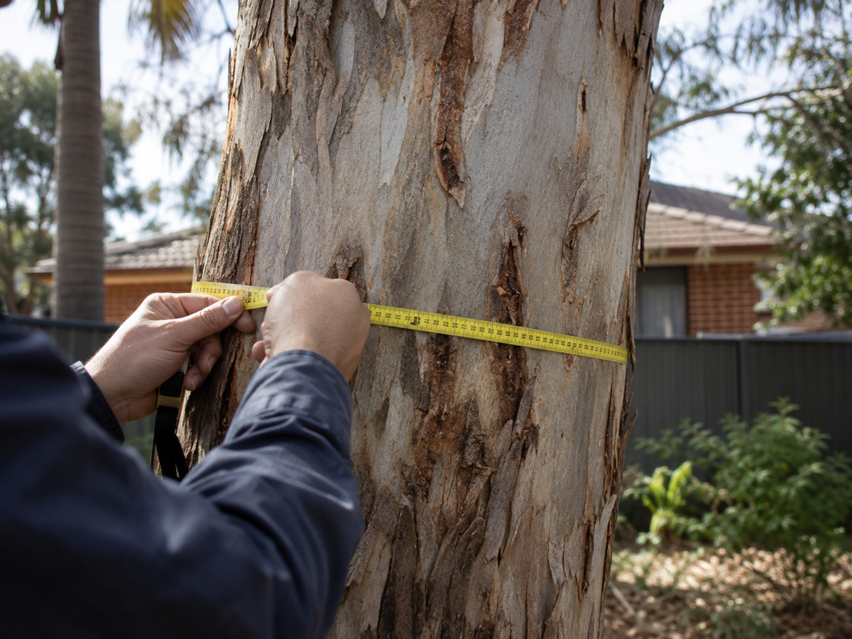 Diameter tape measuring the trunk of a mature eucalypt in a Canterbury-Bankstown backyard