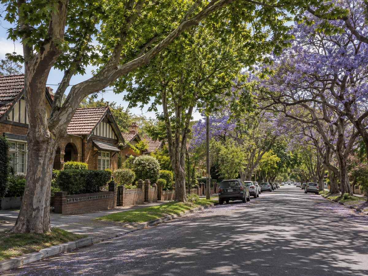 Jacarandas and plane trees over a heritage-character street in the Canterbury ward