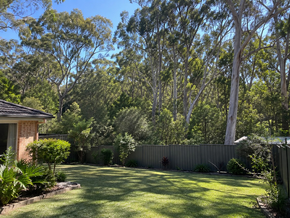Large suburban backyard backing onto dense eucalypt bushland near the Georges River