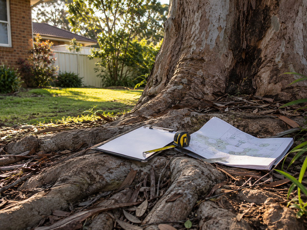 Clipboard, measuring tape and site plan resting on the exposed roots of a mature gum