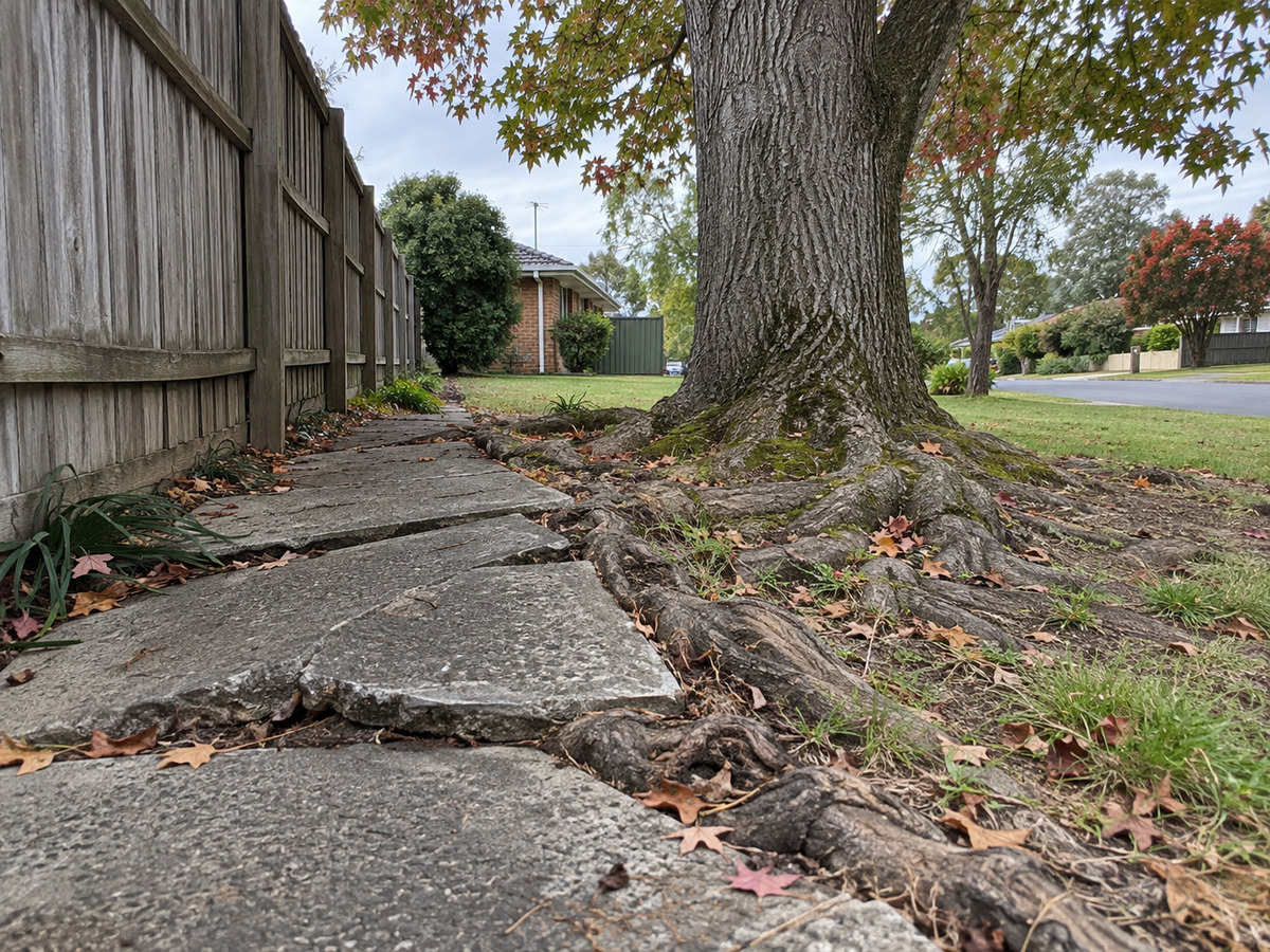 Surface roots of a mature Liquidambar lifting an adjacent concrete footpath