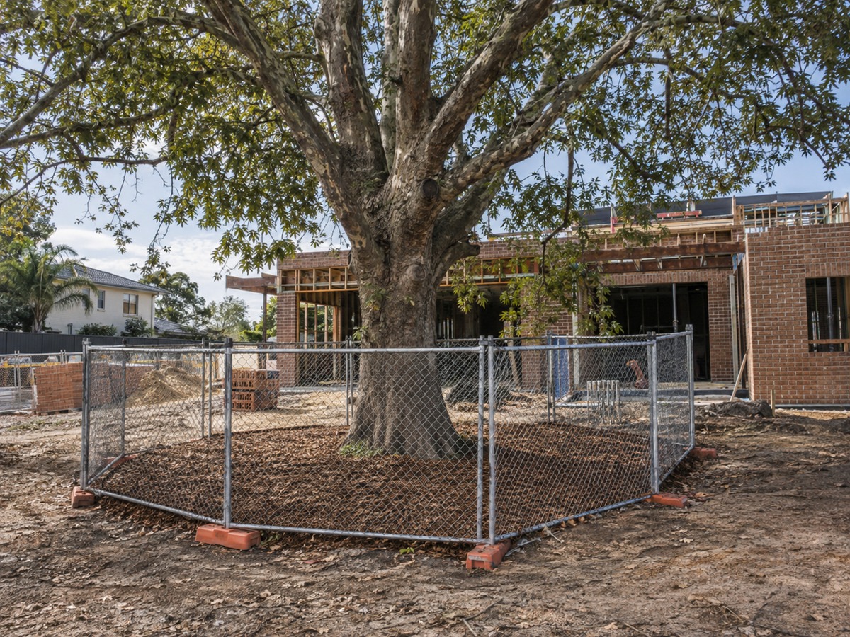 Retained tree ringed by chain-mesh tree-protection fencing and mulch on a residential building site