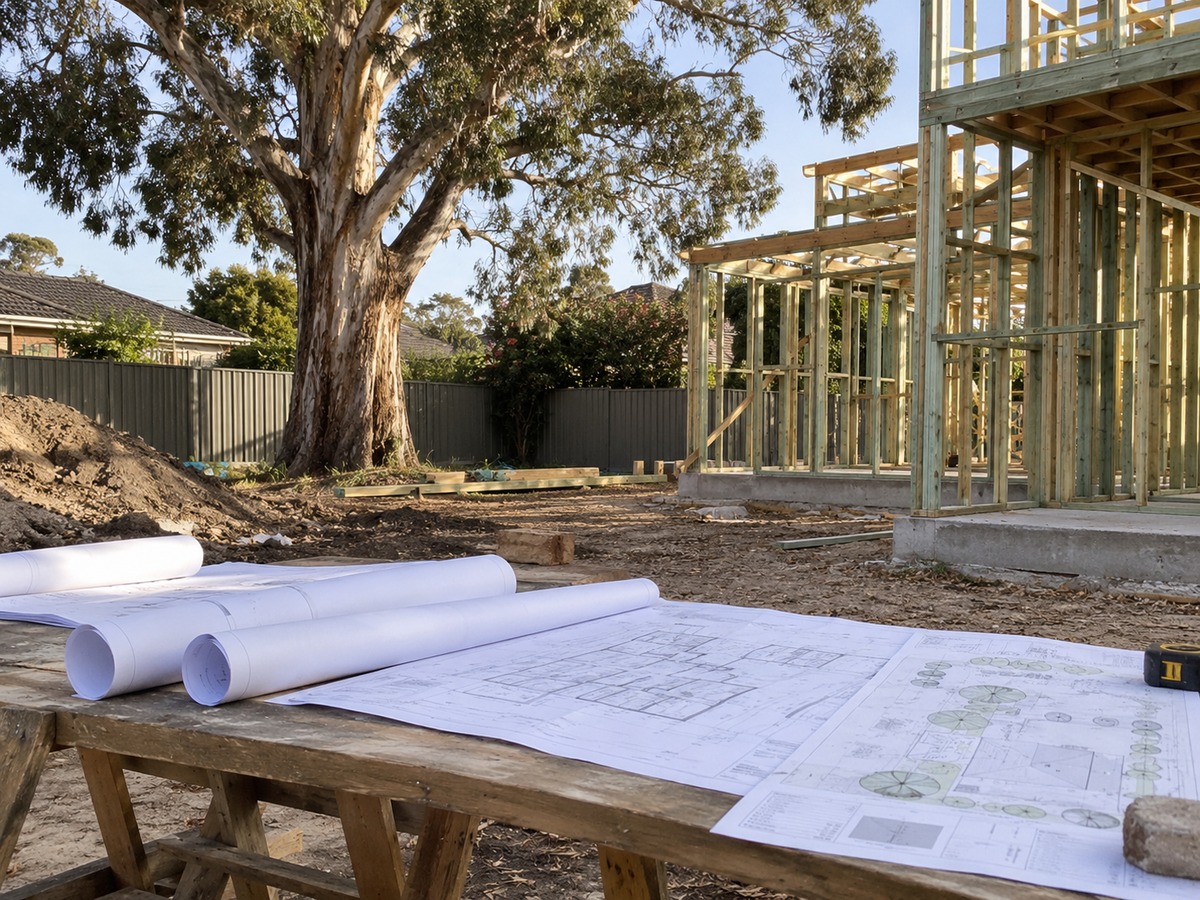 Architectural plans on a site table beside a retained gum and a partly framed new home