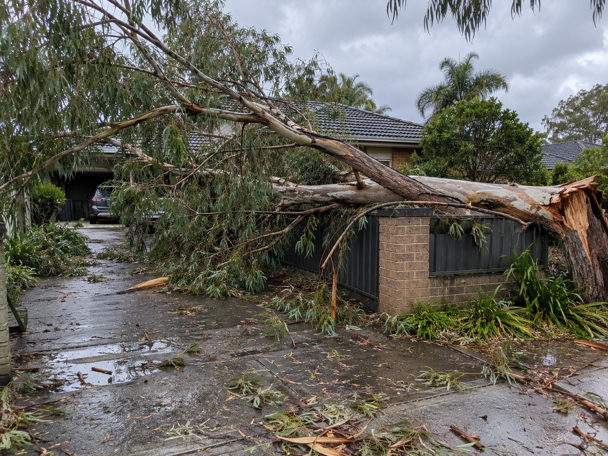 Storm-broken eucalypt fallen across a suburban driveway and front fence after heavy rain