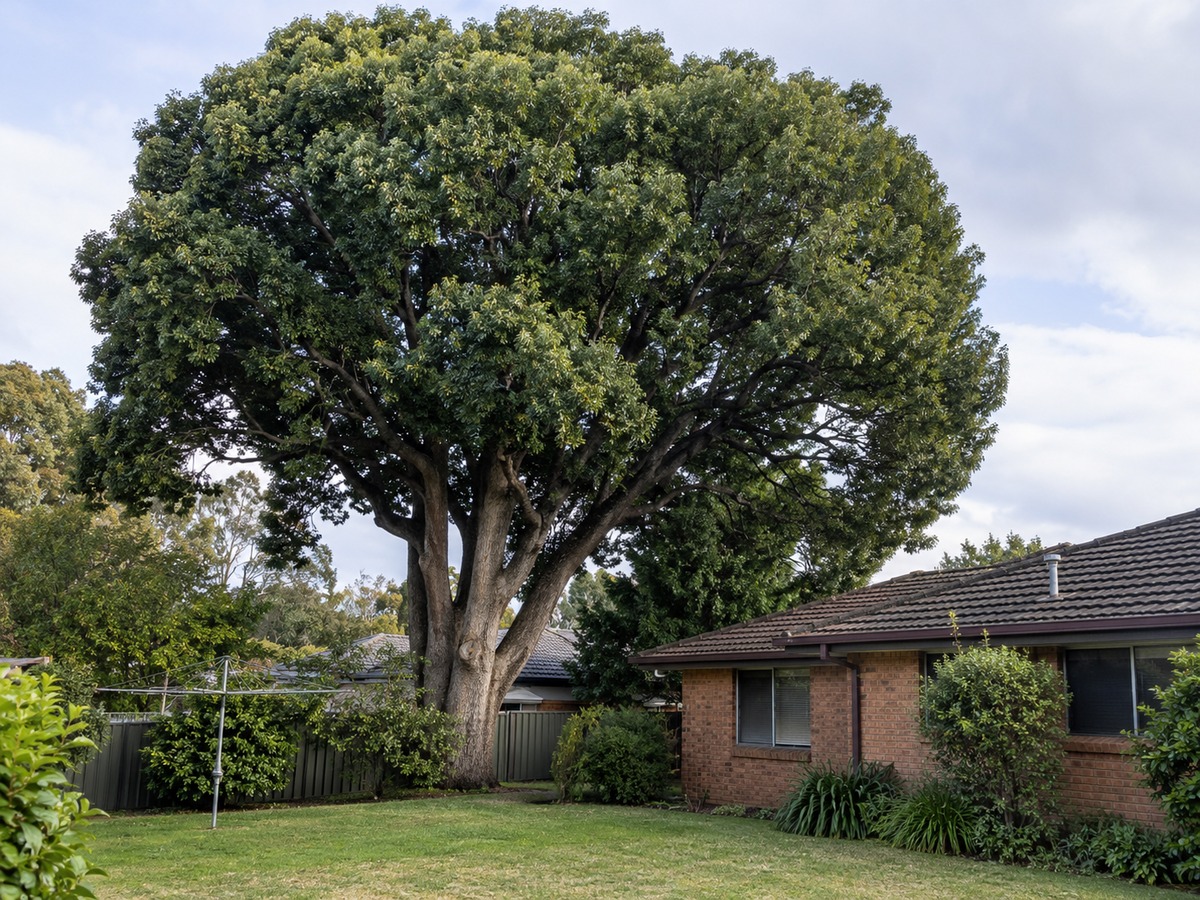 Large Camphor Laurel towering over a single-storey brick home in a suburban backyard