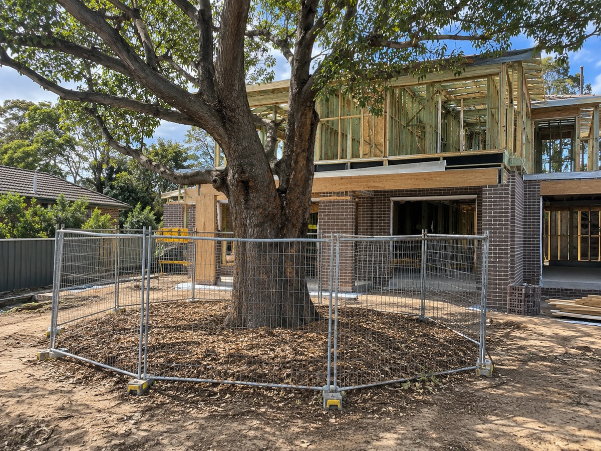Retained eucalypt inside temporary protective fencing on a Canterbury-Bankstown construction site