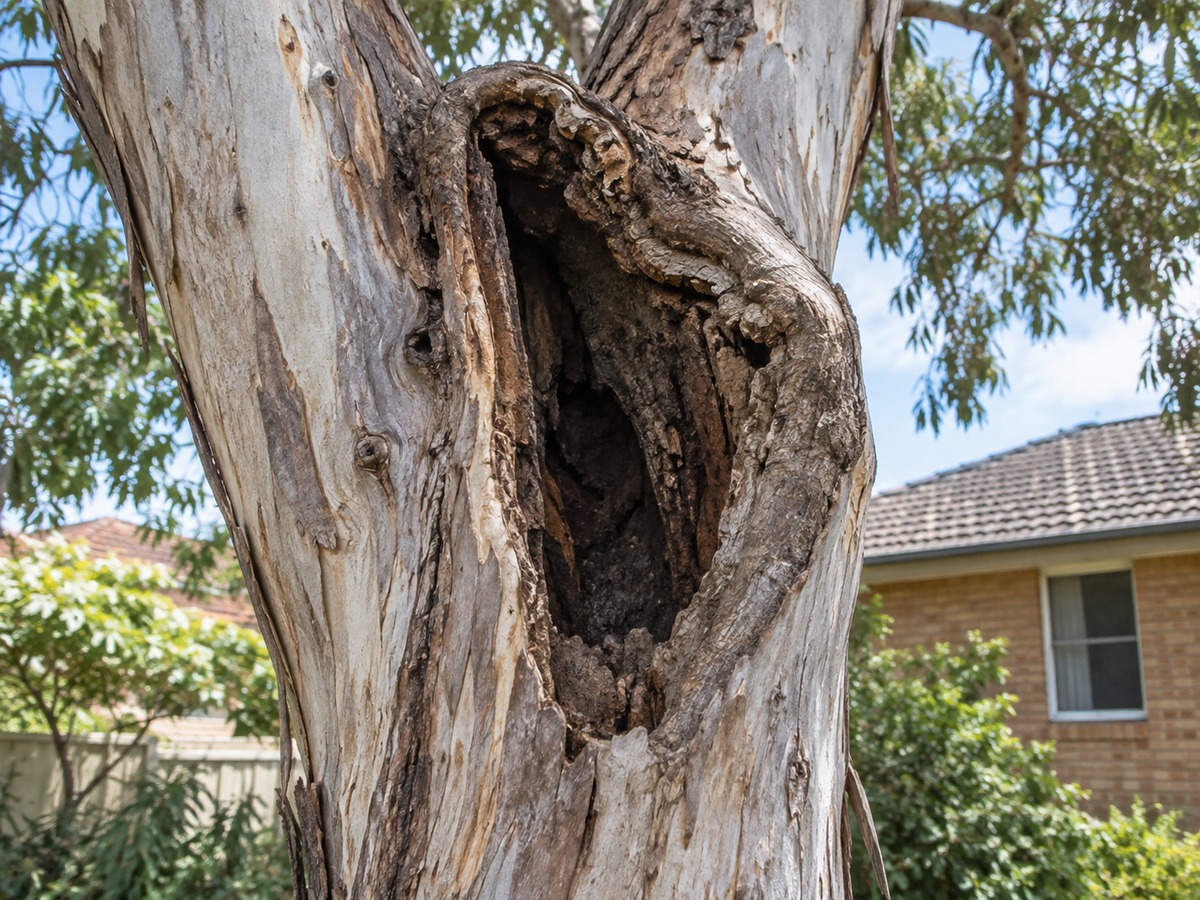 Large decay cavity in the fork of a mature eucalypt beside a suburban home