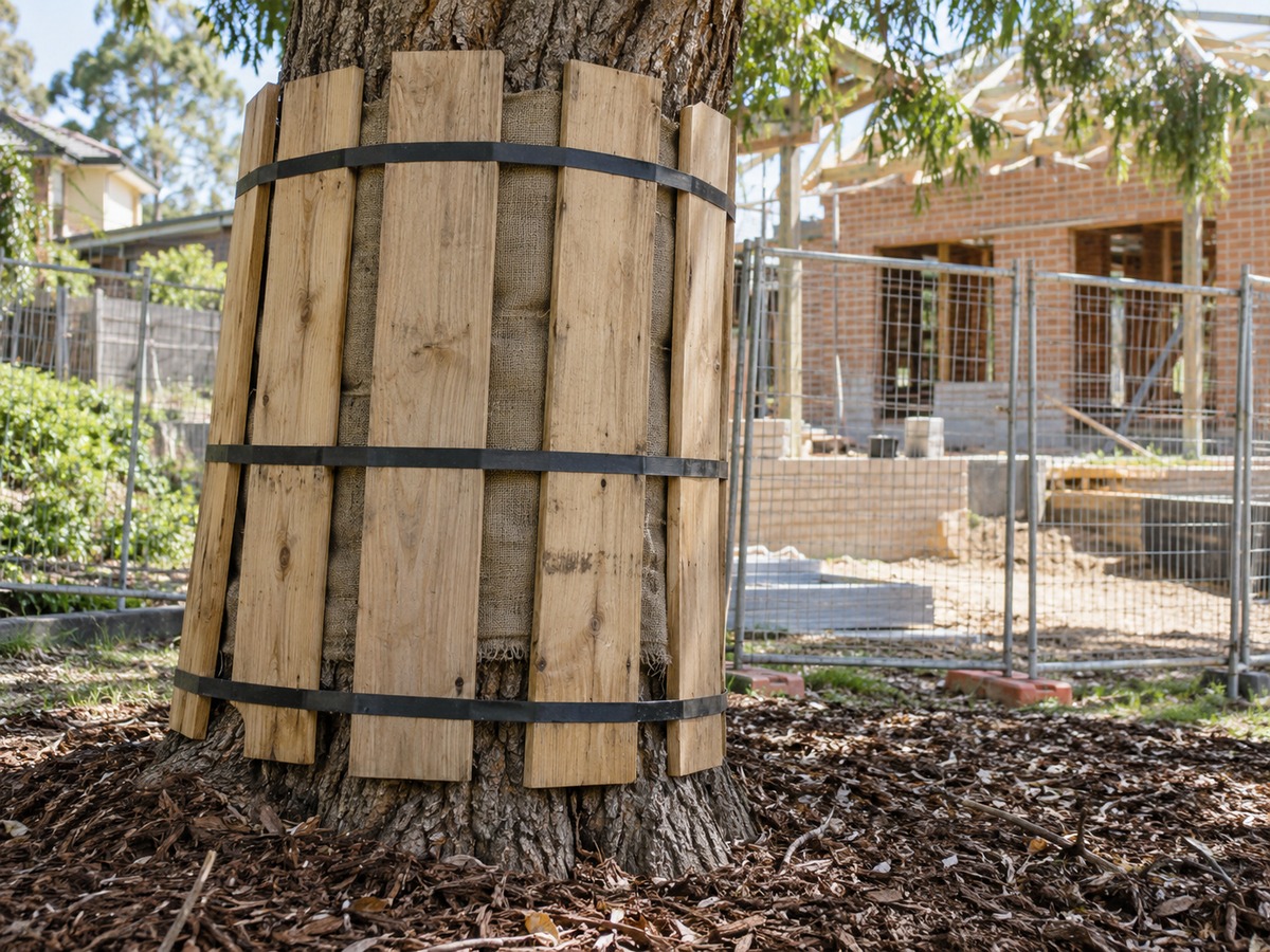 Mature tree trunk protected with timber battens, hessian and strapping on a building site