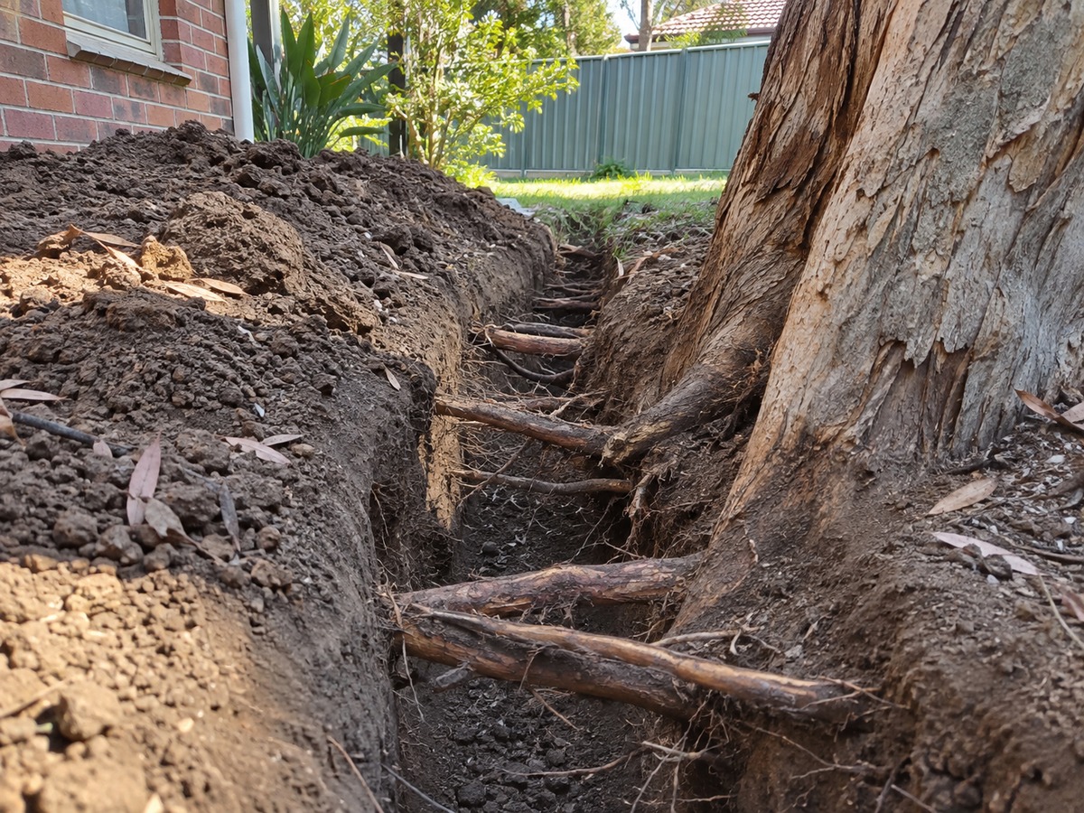 Exposed eucalypt roots in a narrow excavated trench beside a brick home